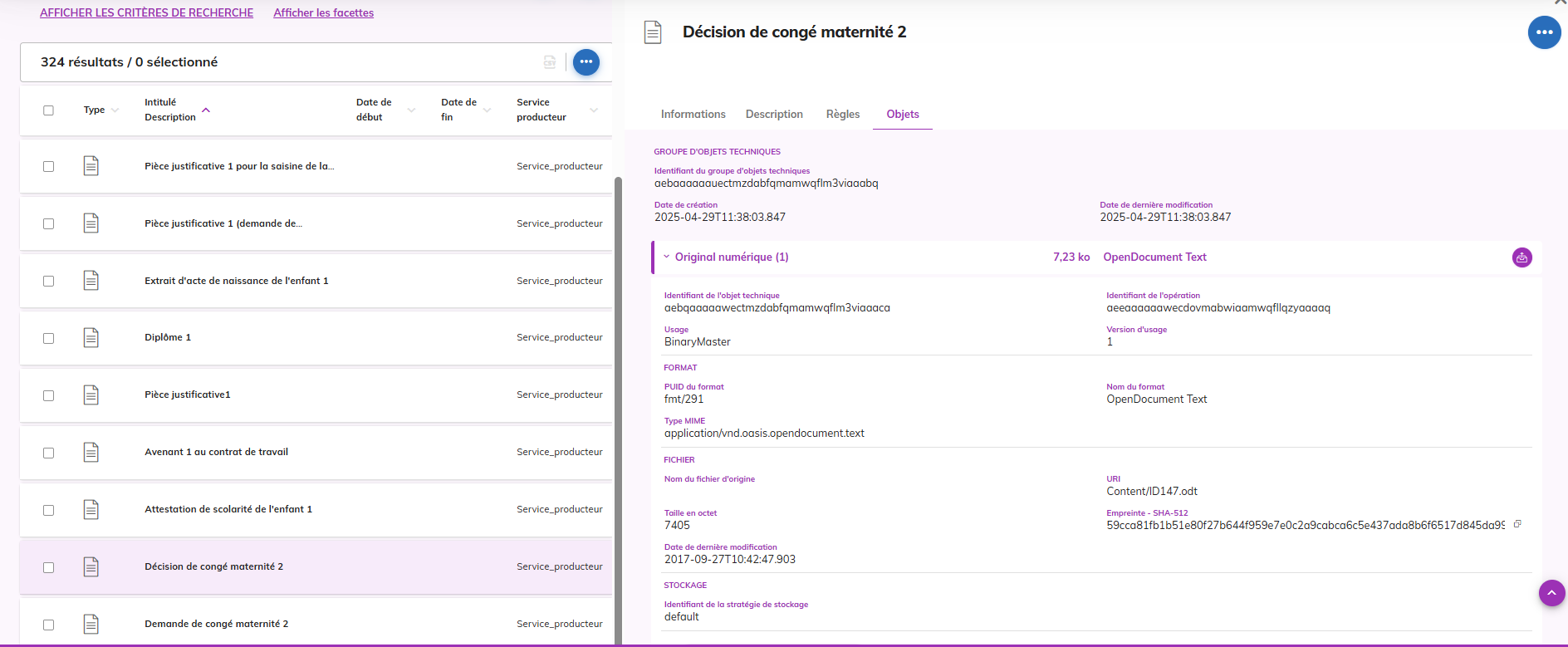 Affichage d'une UA et de ses objets dans l'APP Recherche et consultation des archives